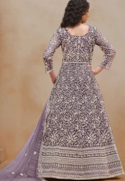 Embroidered Net Abaya Style Suit in Purple
