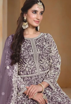 Embroidered Net Abaya Style Suit in Purple