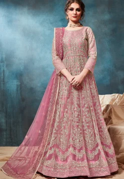 Embroidered Net Abaya Style Suit in Pink