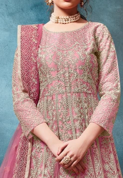 Embroidered Net Abaya Style Suit in Pink