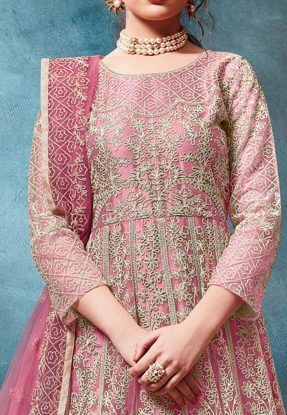 Embroidered Net Abaya Style Suit in Pink