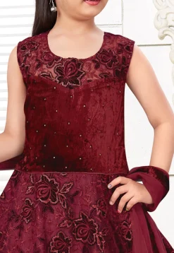 Embroidered Net Abaya Style Suit in Maroon