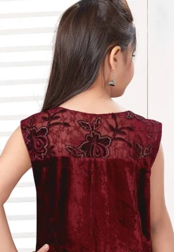 Embroidered Net Abaya Style Suit in Maroon