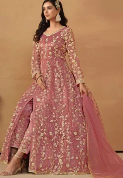 Embroidered Net Abaya Style Suit in Pink
