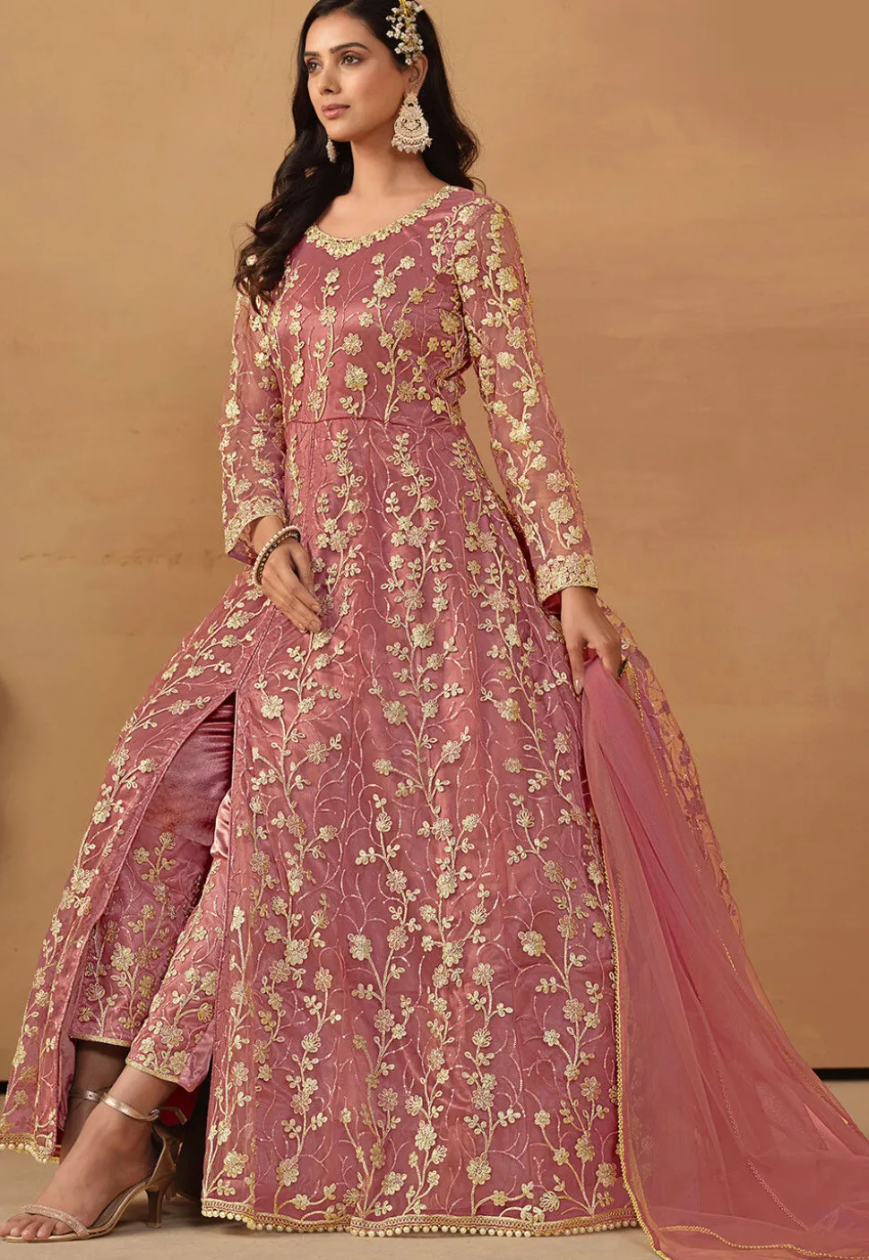 Embroidered Net Abaya Style Suit in Pink