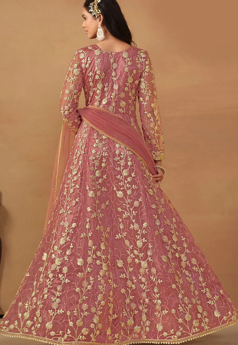 Embroidered Net Abaya Style Suit in Pink