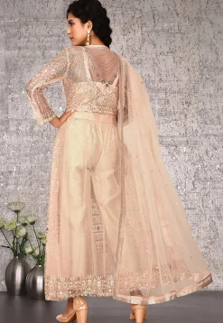 Embroidered Net Abaya Style Suit in Beige