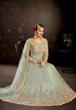 Embroidered Net Abaya Style Suit in Sea Green