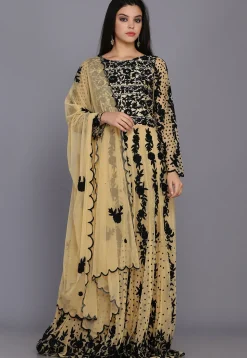 Embroidered Net Abaya Style Suit in Beige