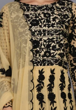 Embroidered Net Abaya Style Suit in Beige