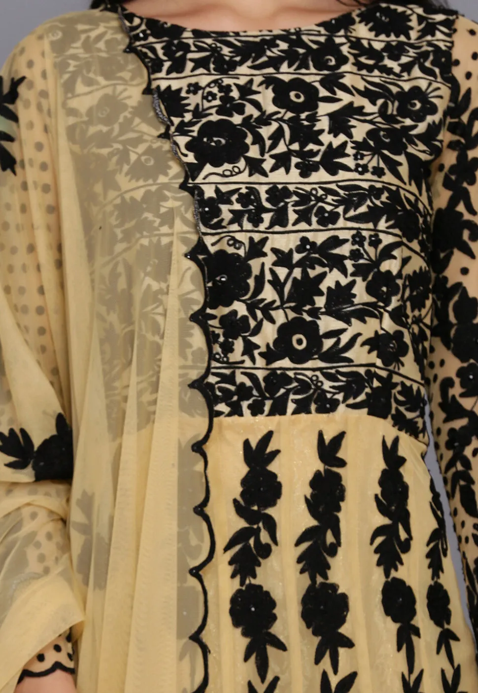 Embroidered Net Abaya Style Suit in Beige