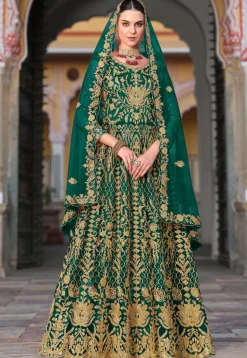 Embroidered Net Abaya Style Suit in Green