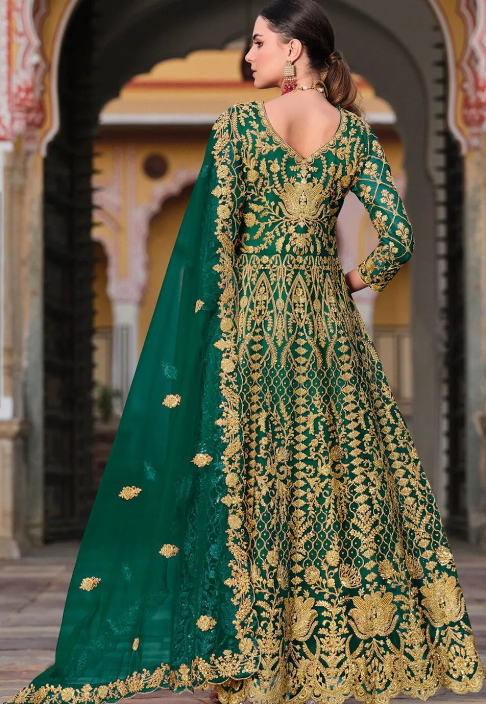 Embroidered Net Abaya Style Suit in Green