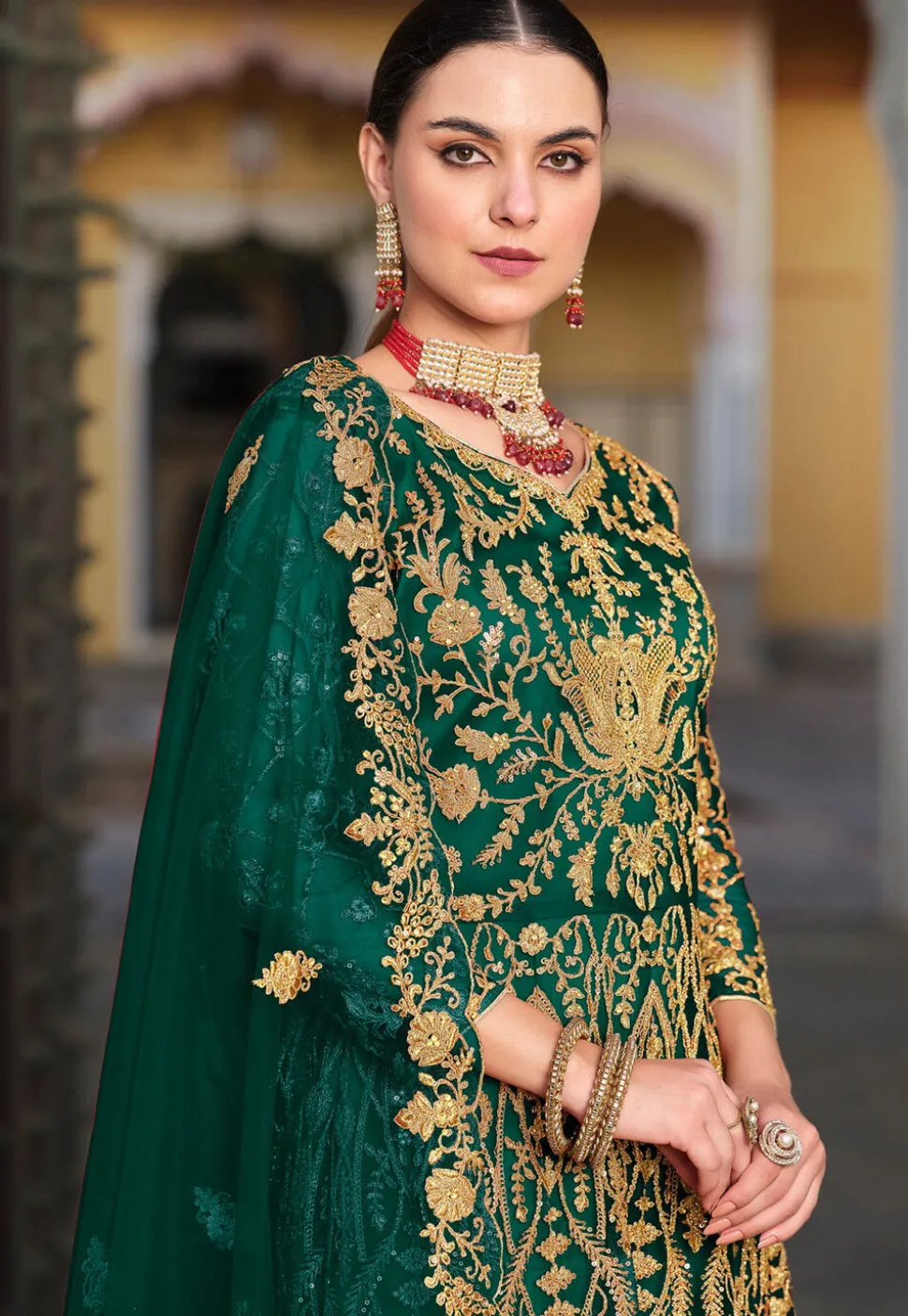 Embroidered Net Abaya Style Suit in Green