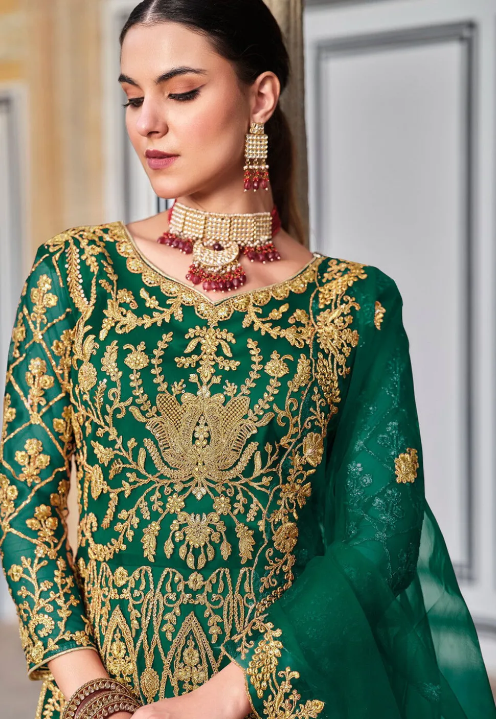 Embroidered Net Abaya Style Suit in Green