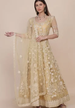 Embroidered Net Abaya Style Suit in Beige