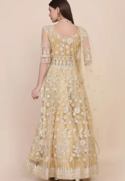 Embroidered Net Abaya Style Suit in Beige
