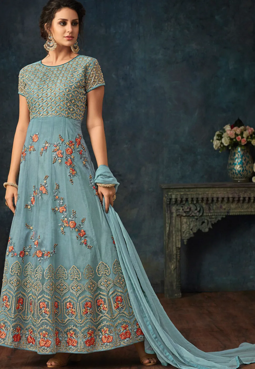 Embroidered Net Abaya Style Suit in Pastel Blue