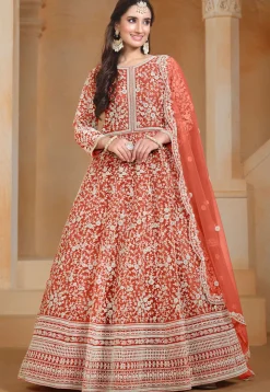 Embroidered Net Abaya Style Suit in Orange
