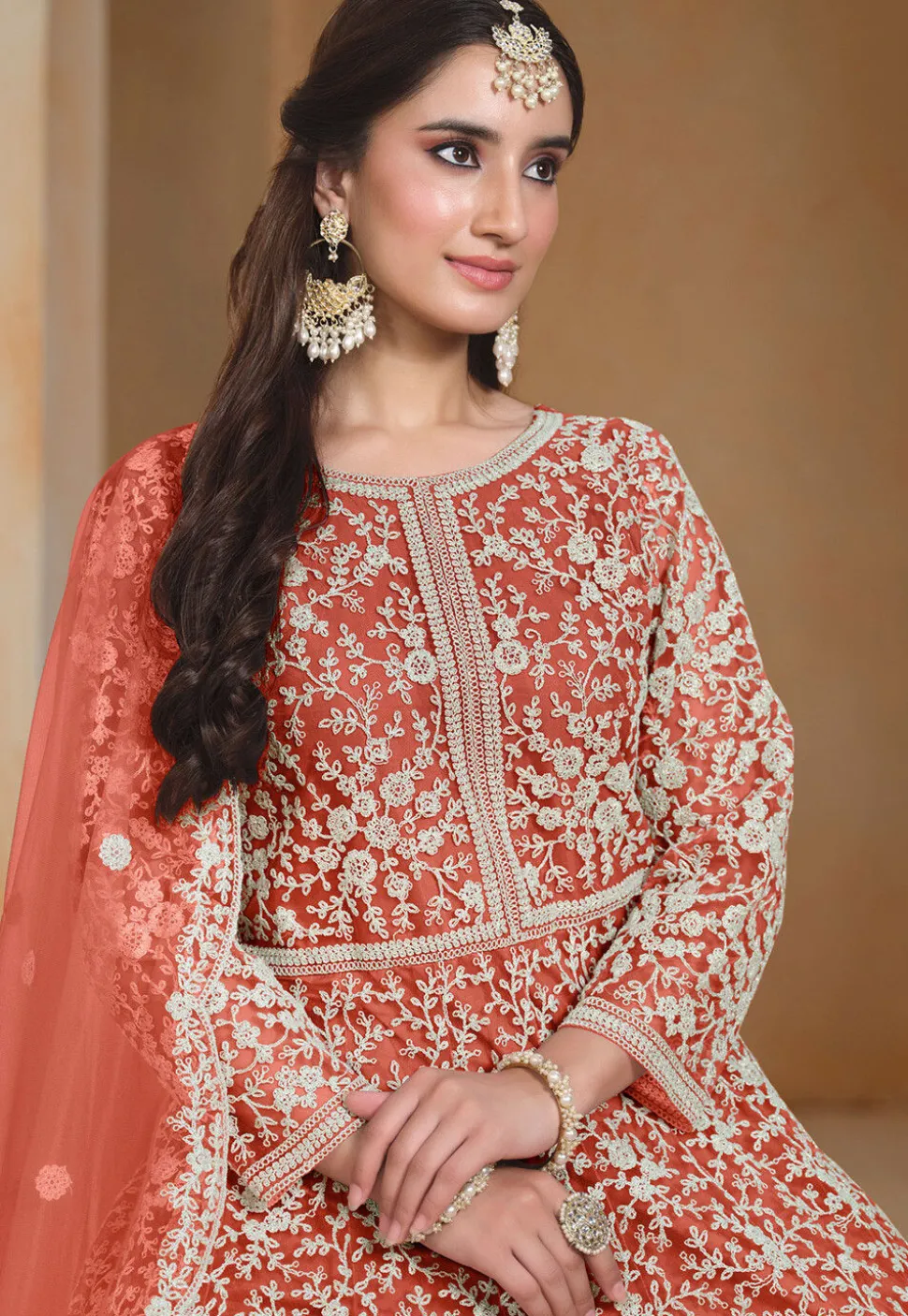 Embroidered Net Abaya Style Suit in Orange
