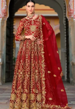 Embroidered Net Abaya Style Suit in Red