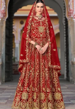Embroidered Net Abaya Style Suit in Red