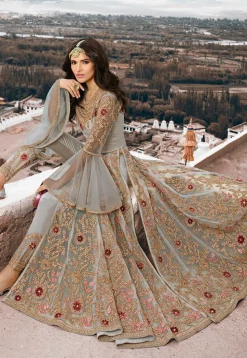 Embroidered Net Abaya Style Suit in Grey
