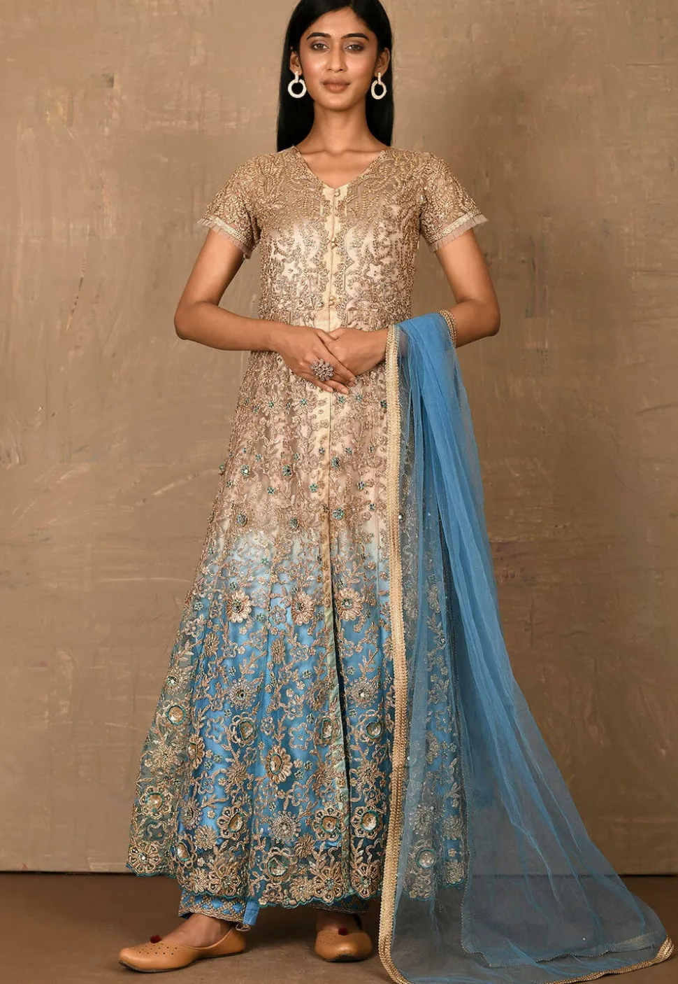 Embroidered Net Abaya Style Suit in Shaded Beige and Blue