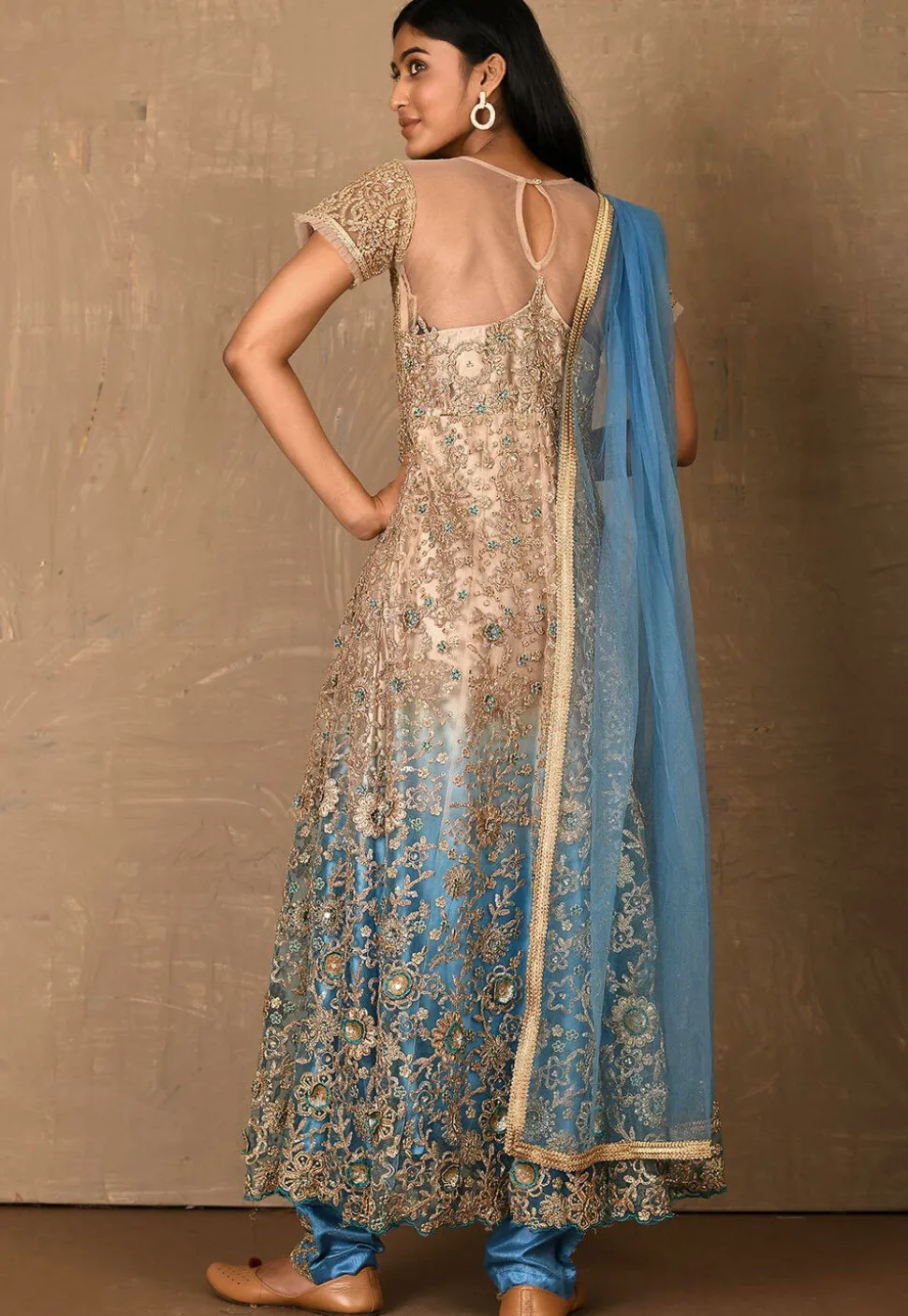 Embroidered Net Abaya Style Suit in Shaded Beige and Blue