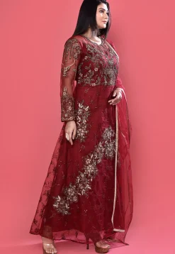 Embroidered Net Abaya Style Suit in Maroon