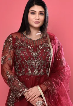 Embroidered Net Abaya Style Suit in Maroon