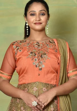 Embroidered Net Abaya Style Suit in Peach and Beige