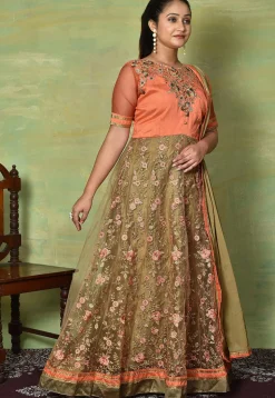 Embroidered Net Abaya Style Suit in Peach and Beige