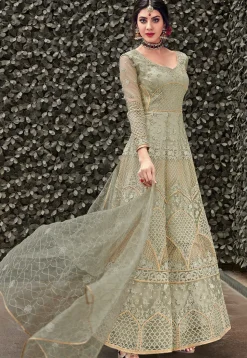 Embroidered Net Abaya Style Suit in Light Green