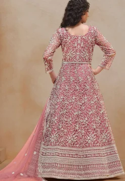 Embroidered Net Abaya Style Suit in Pink
