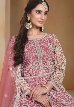 Embroidered Net Abaya Style Suit in Pink