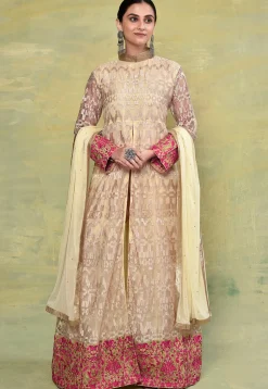 Embroidered Net Abaya Style Suit in Beige