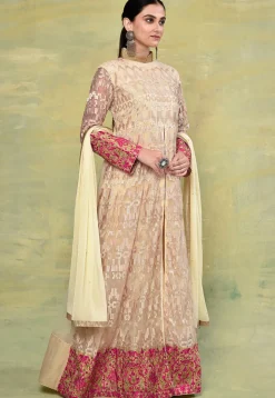 Embroidered Net Abaya Style Suit in Beige