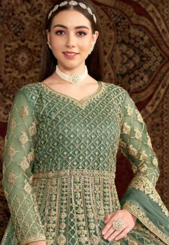 Embroidered Net Abaya Style Suit in Teal Green