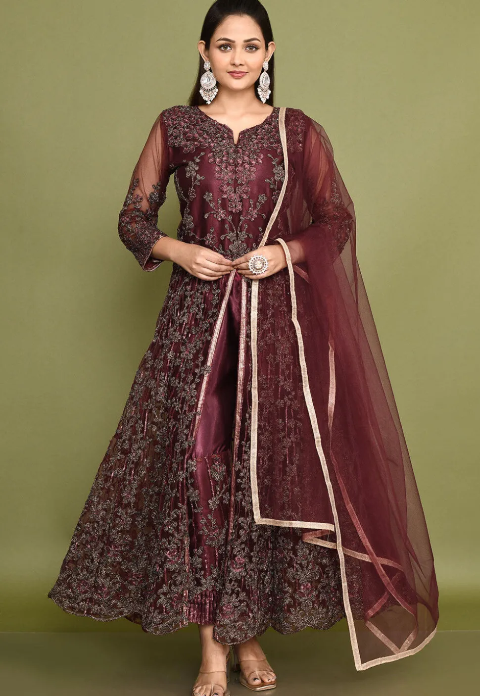 Embroidered Net Abaya Style Suit in Wine