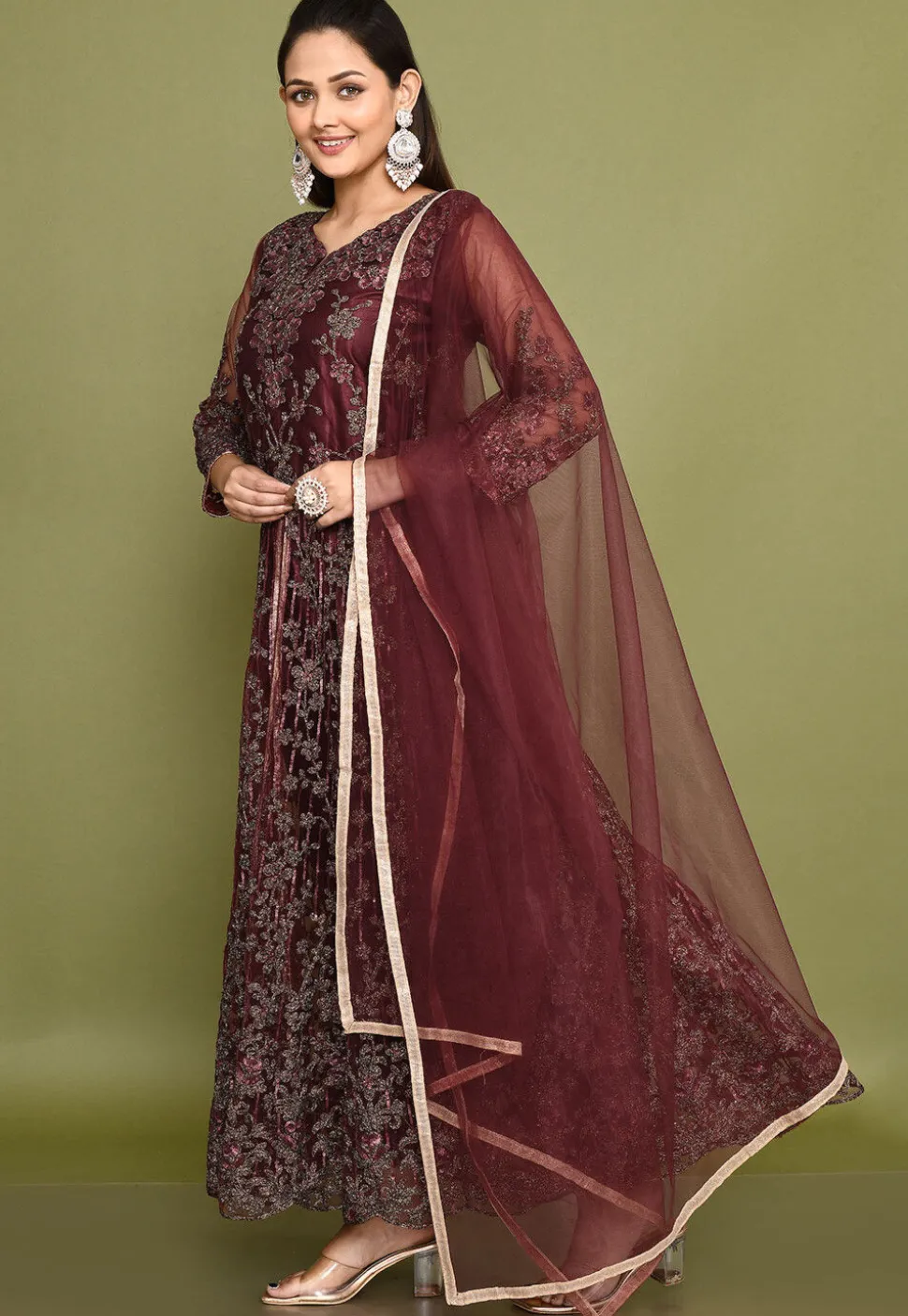 Embroidered Net Abaya Style Suit in Wine