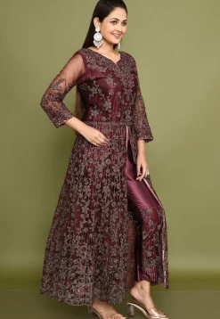 Embroidered Net Abaya Style Suit in Wine