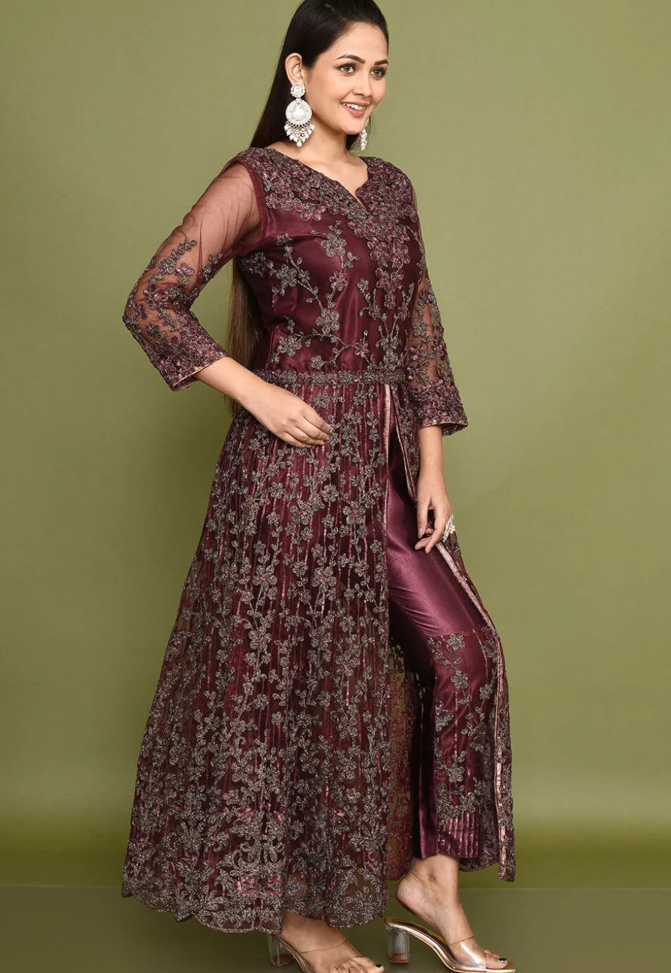 Embroidered Net Abaya Style Suit in Wine