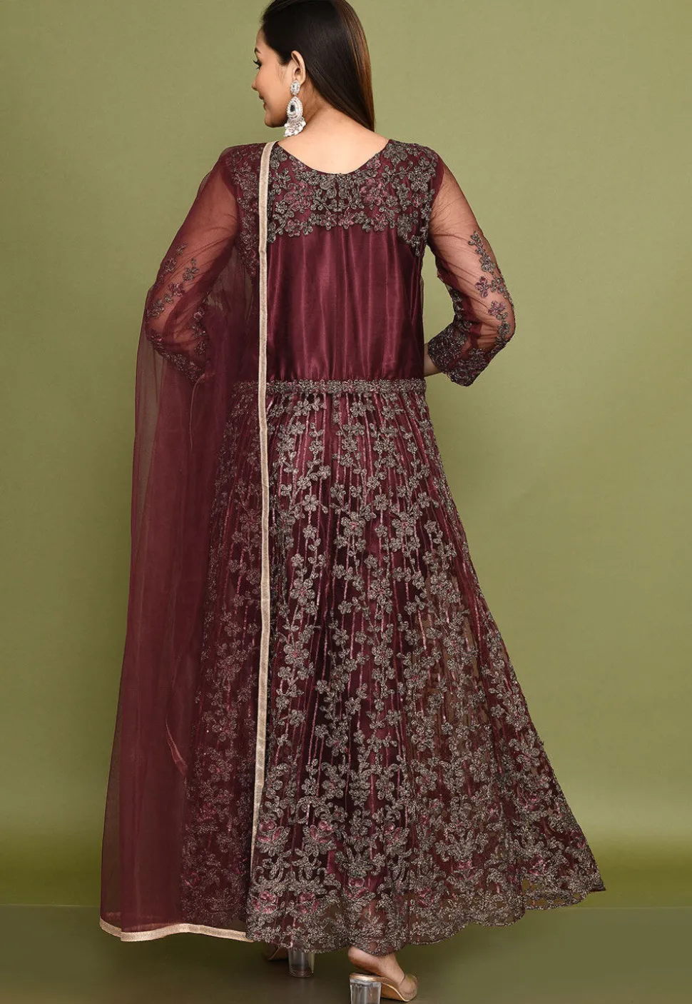 Embroidered Net Abaya Style Suit in Wine