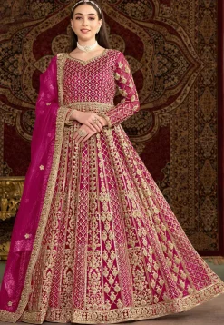 Embroidered Net Abaya Style Suit in Pink