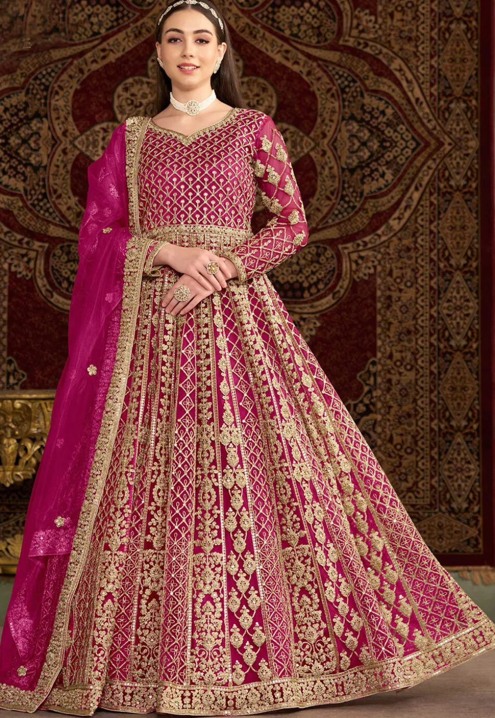 Embroidered Net Abaya Style Suit in Pink