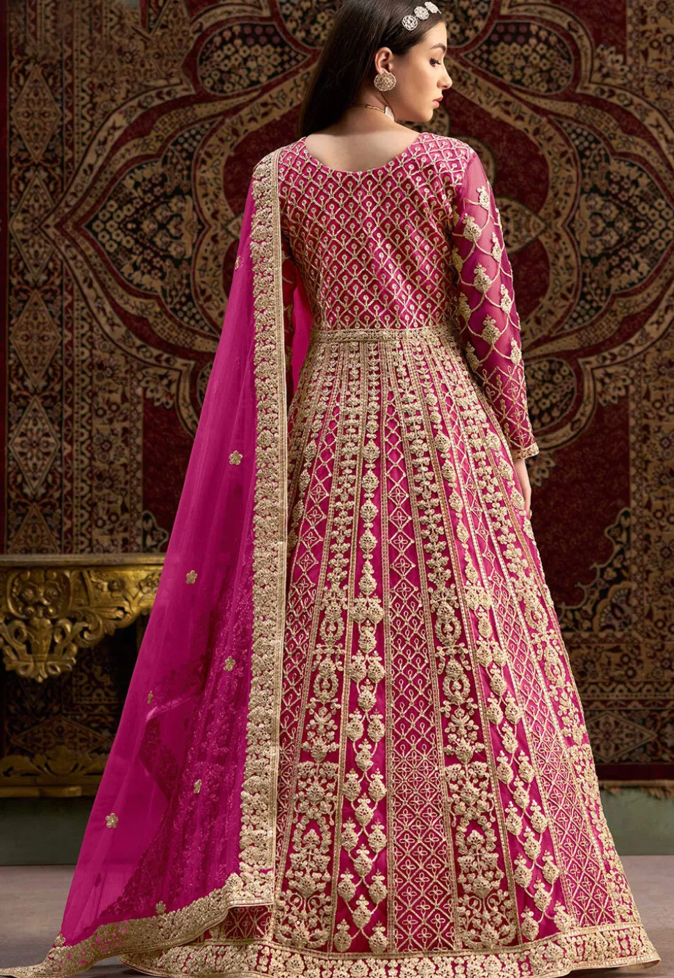 Embroidered Net Abaya Style Suit in Pink