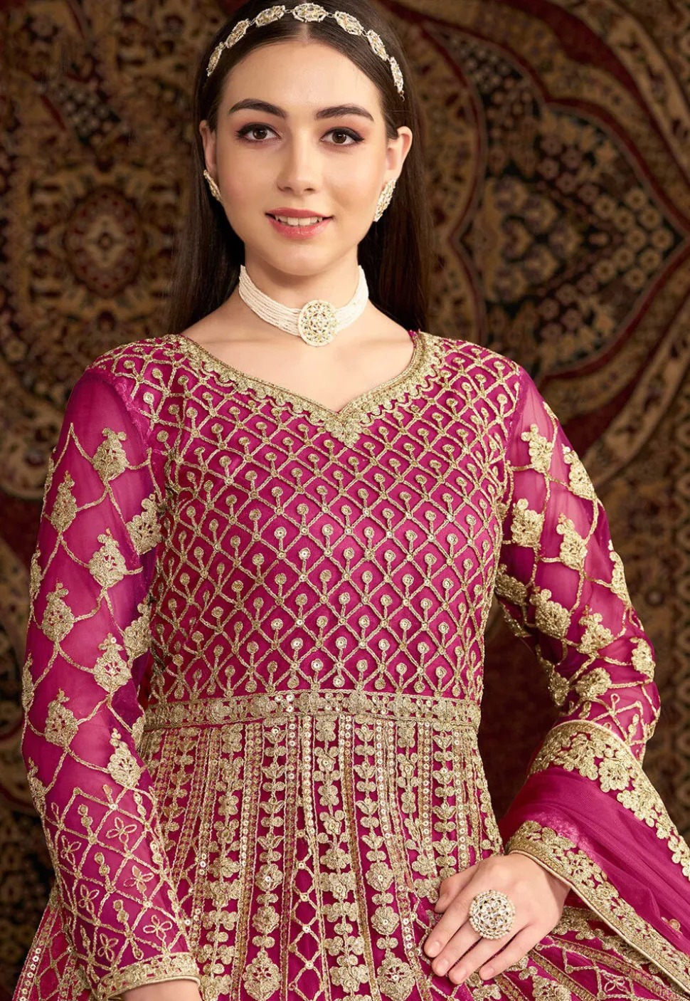 Embroidered Net Abaya Style Suit in Pink