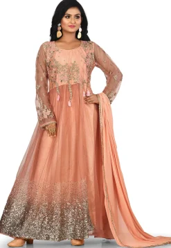 Embroidered Net Abaya Style Suit in Peach
