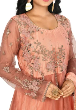 Embroidered Net Abaya Style Suit in Peach
